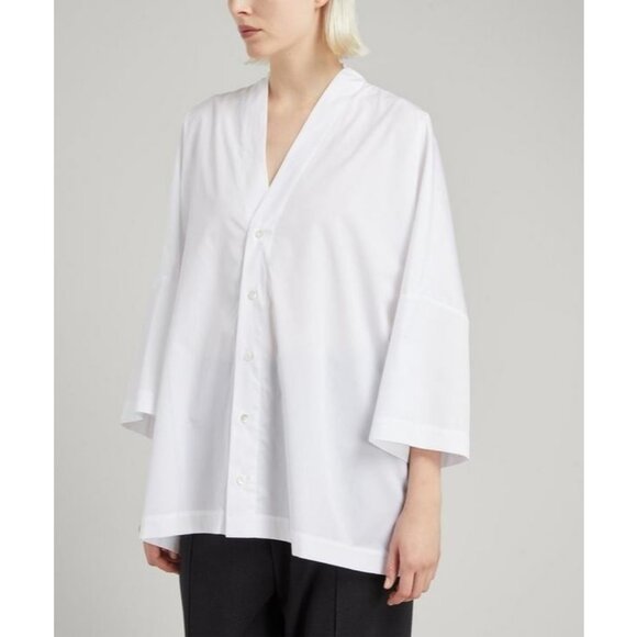 Eskandar Sloped Kimono Shirt Top Women's Size 1 White V-neck Buttoned Front - Picture 1 of 9